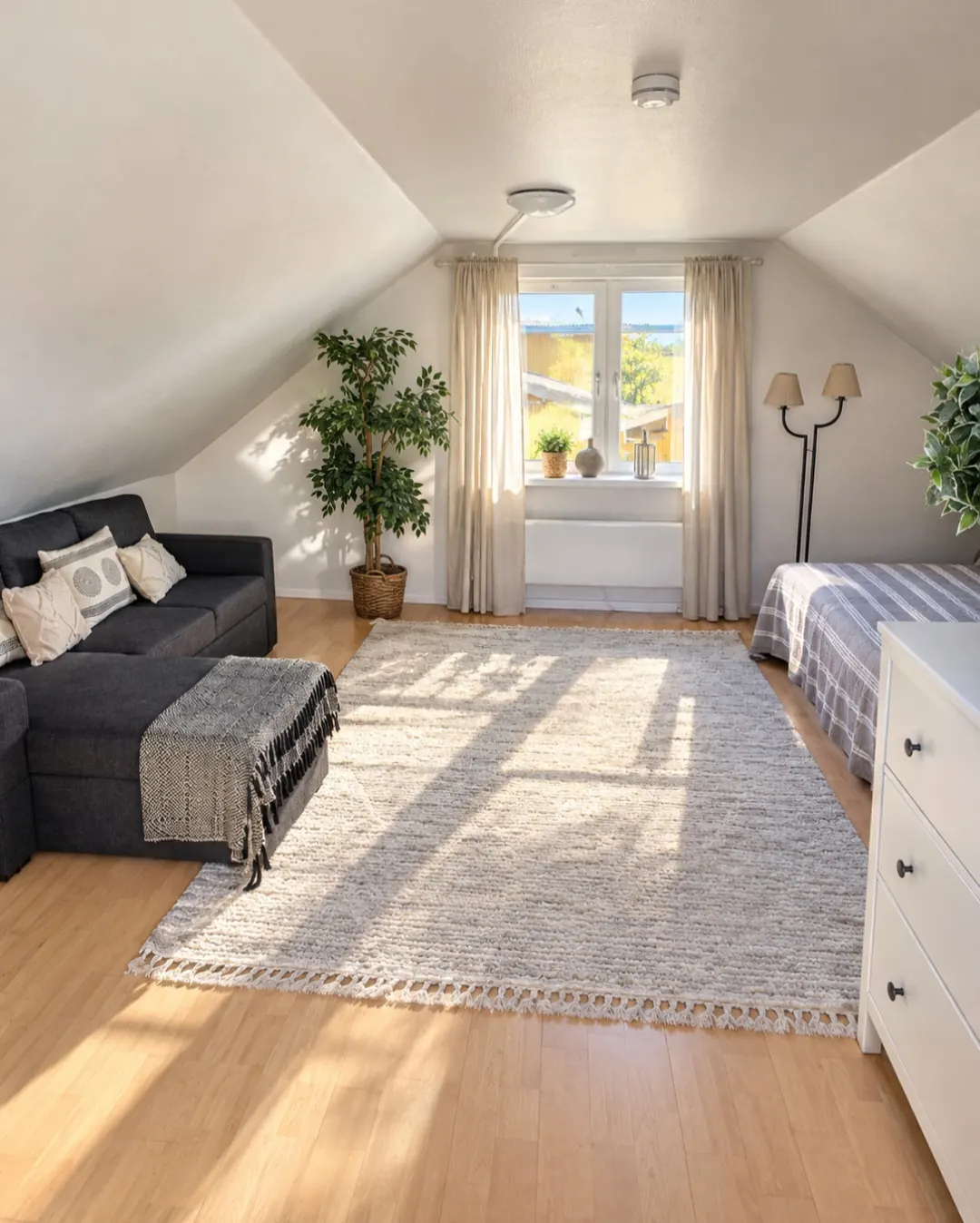 Bright upstairs bedroom with sloped ceiling, sofa bed and bed