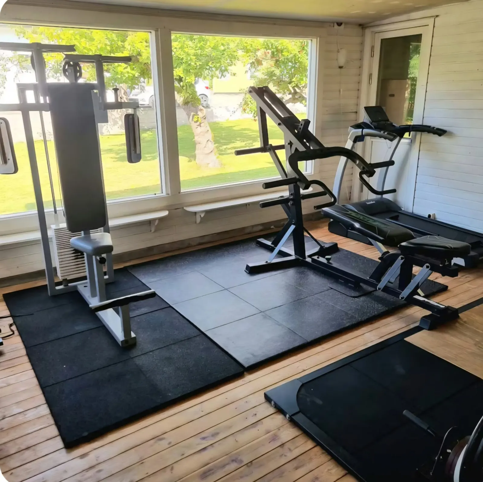 The gym with a cable machine, treadmill and large windows facing the garden