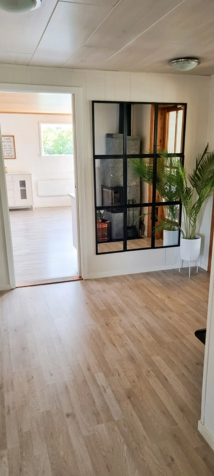 Bright hallway with a mirror wall, palm plant and view towards the wood stove