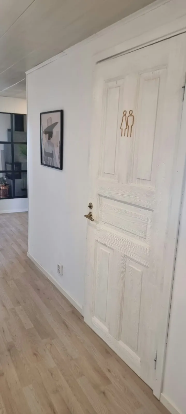 Toilet door in the hallway with light wooden floor